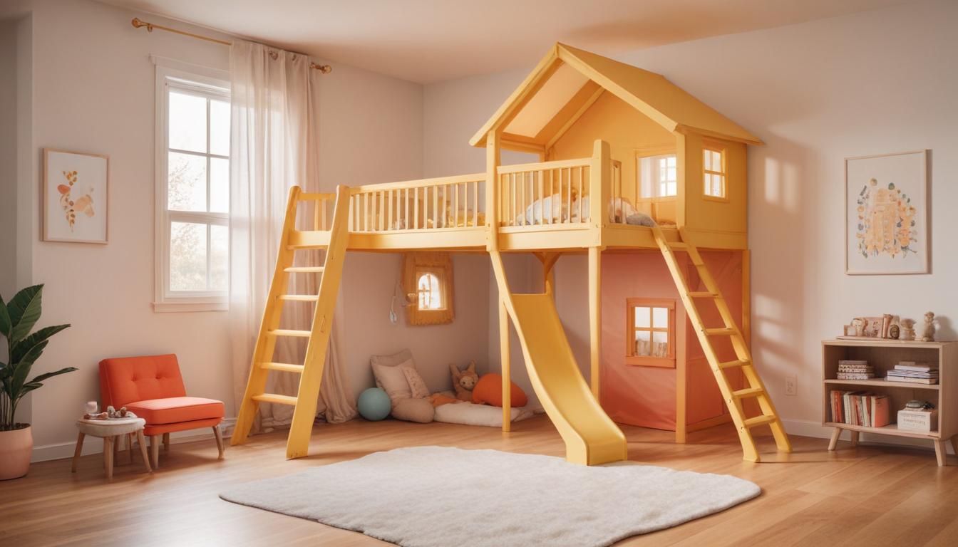 Yellow wooden bunk bed with slide Yellow wooden bunk bed with slide