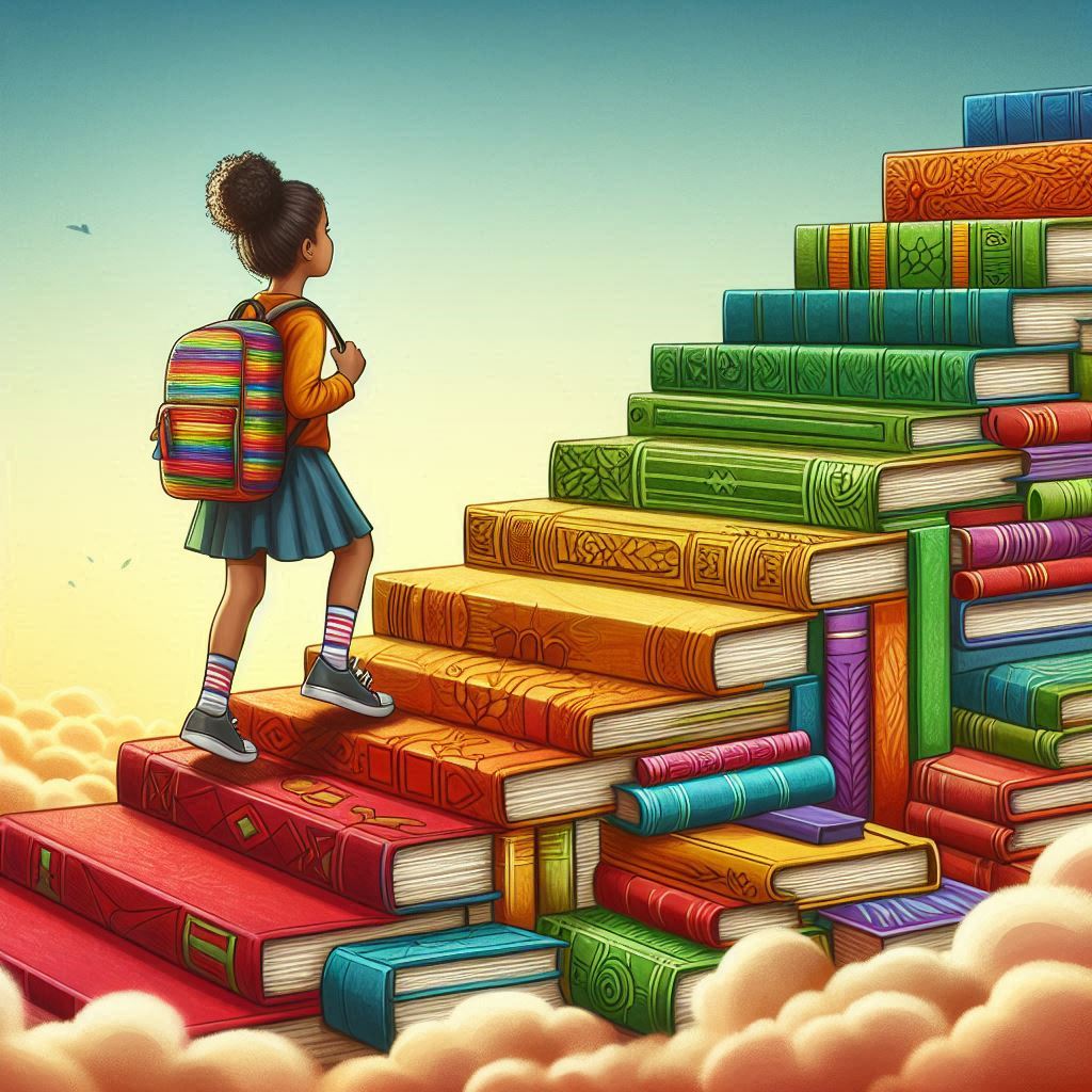 Girl walking up book staircase Girl walking up book staircase