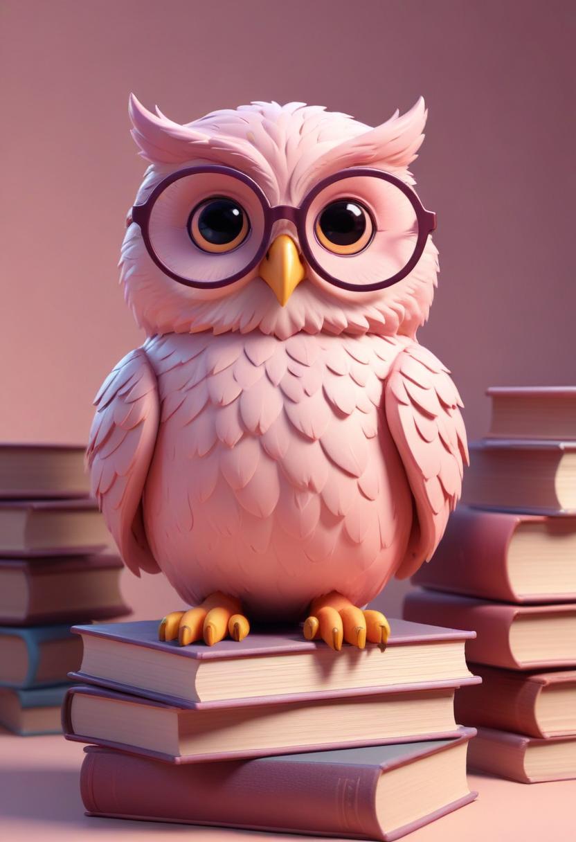Pink owl perched on books Pink owl perched on books