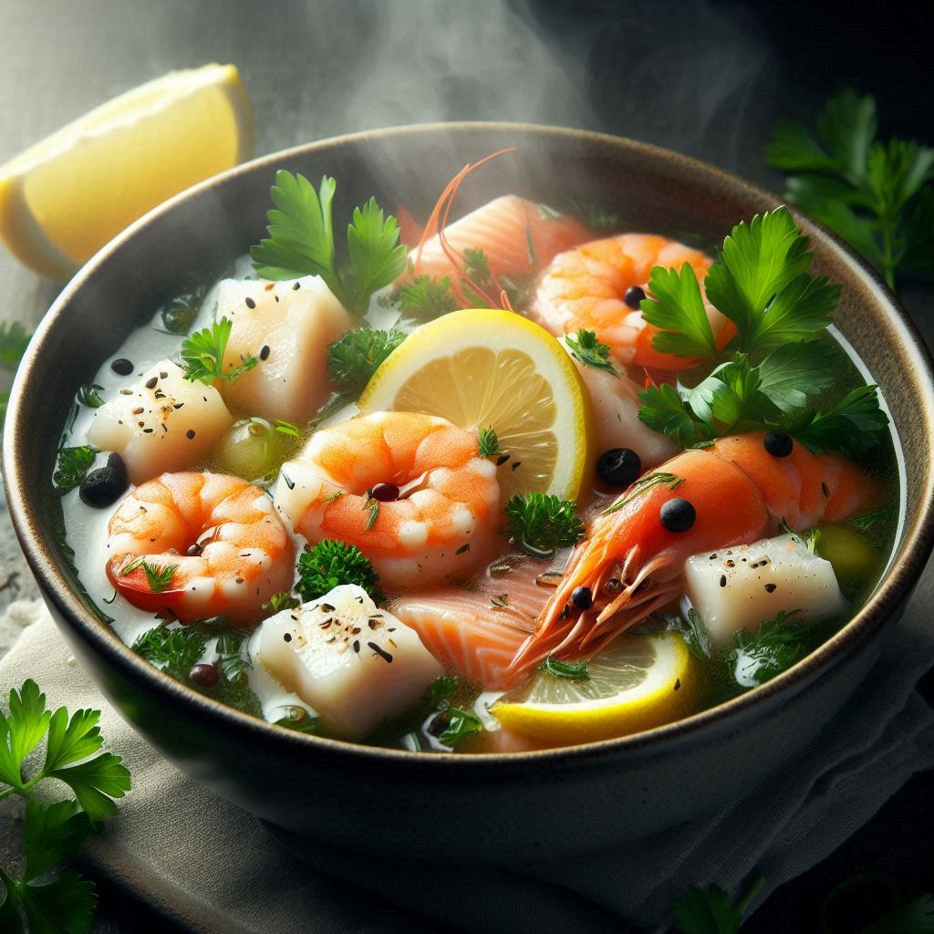 Steaming seafood soup with lemon and parsley Steaming seafood soup with lemon and parsley