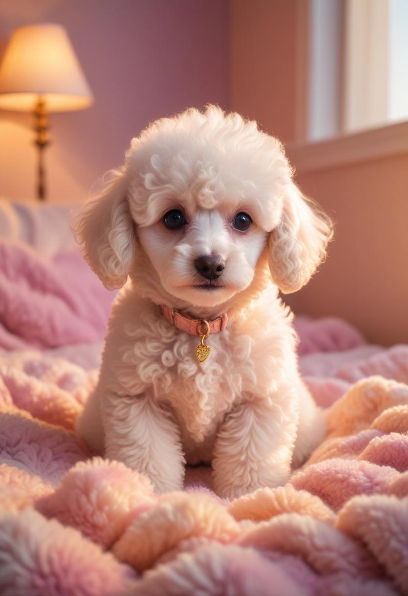 White poodle sitting on pink blanket White poodle sitting on pink blanket