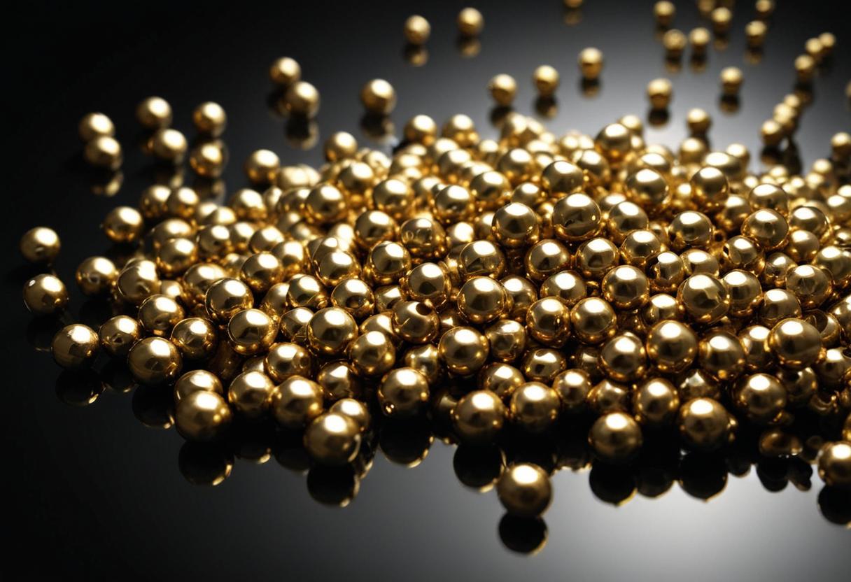 Golden spheres scattered on black surface Golden spheres scattered on black surface