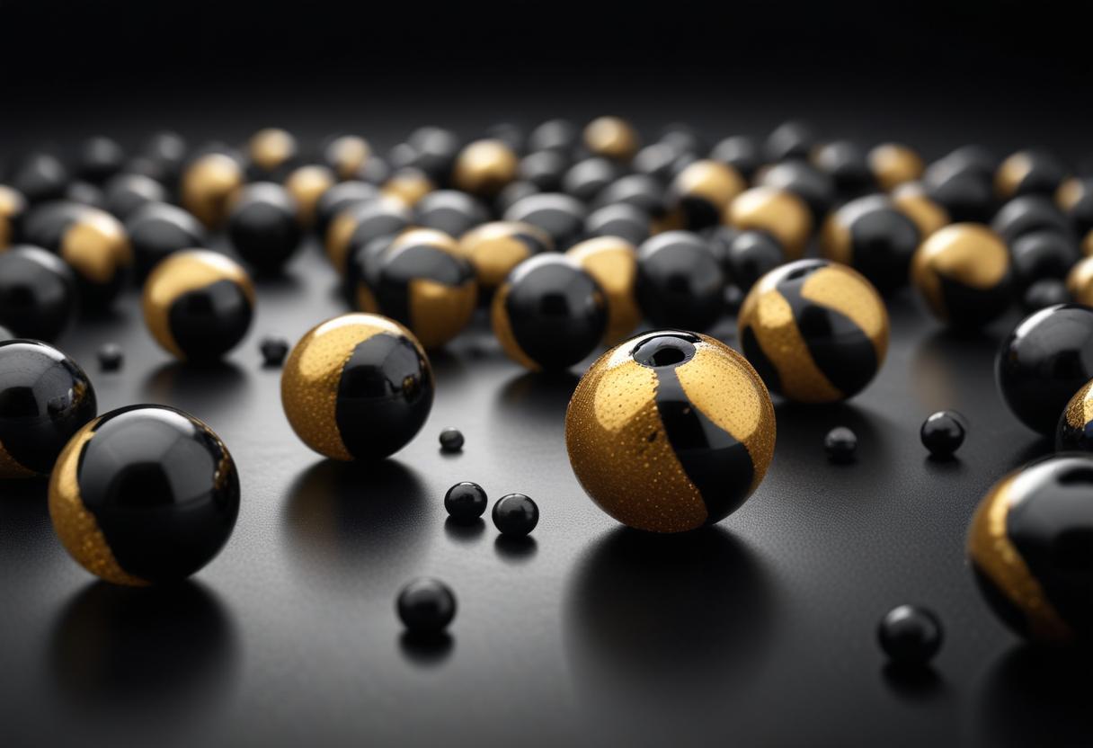 Black and gold spheres on a dark surface Black and gold spheres on a dark surface