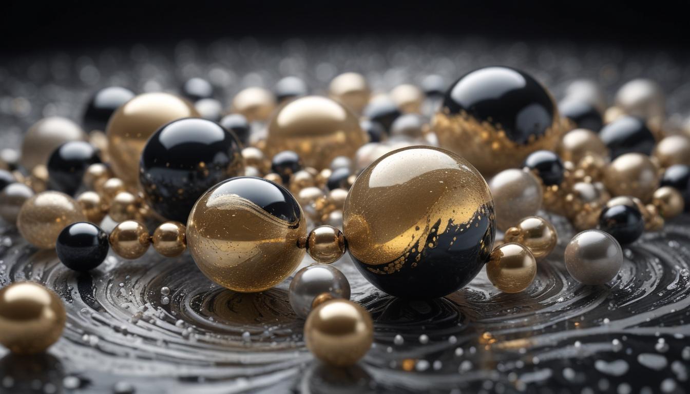 Golden and black spheres on swirling surface Golden and black spheres on swirling surface