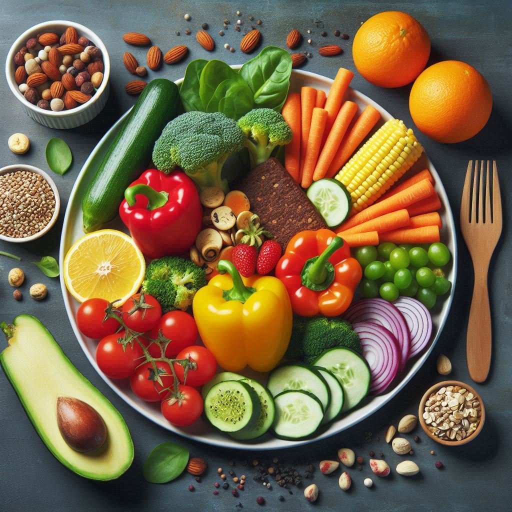Colorful veggie platter with bread and nuts Colorful veggie platter with bread and nuts