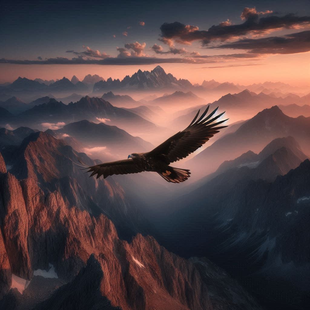 Eagle soaring over mountain range at sunset Eagle soaring over mountain range at sunset
