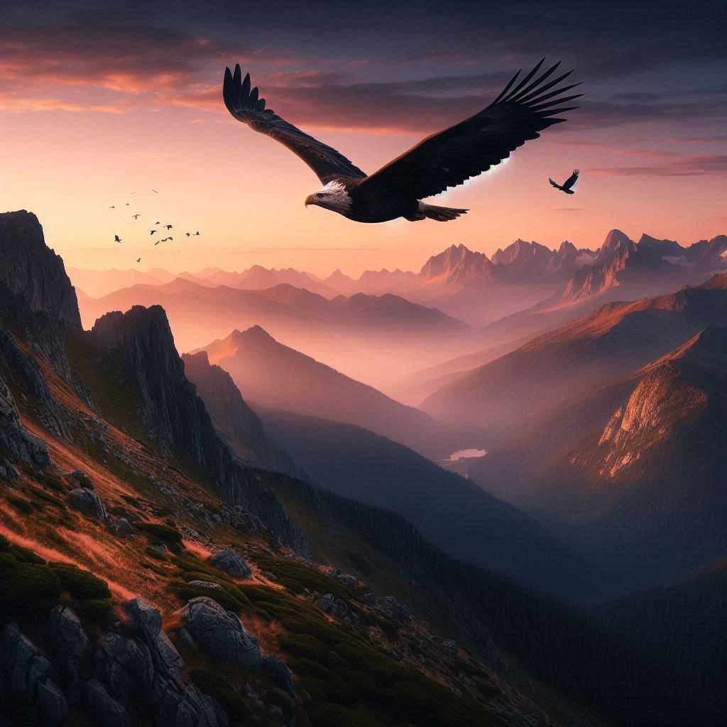 Eagle soaring over mountains at sunset Eagle soaring over mountains at sunset