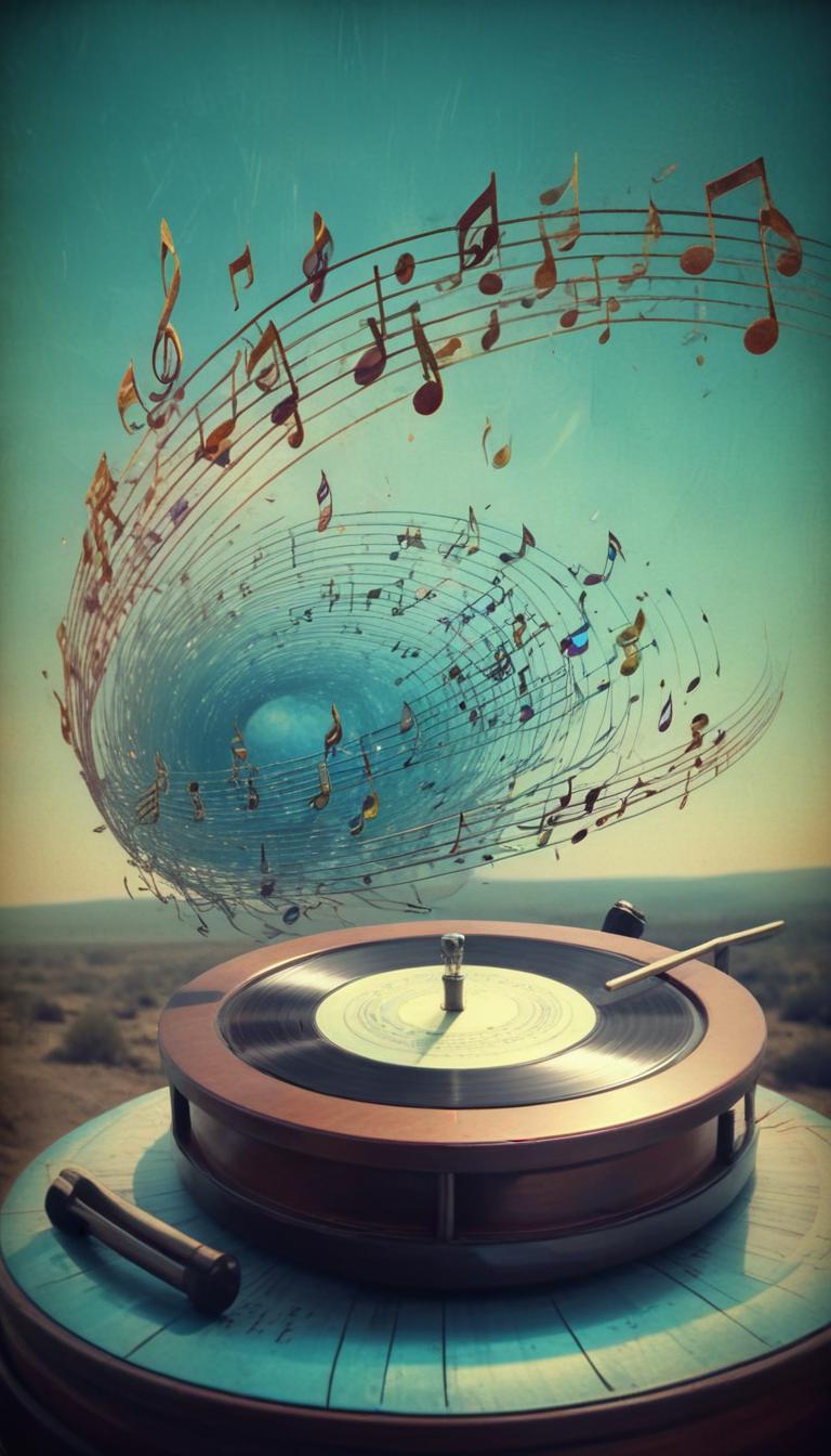 Music notes floating over record player Music notes floating over record player