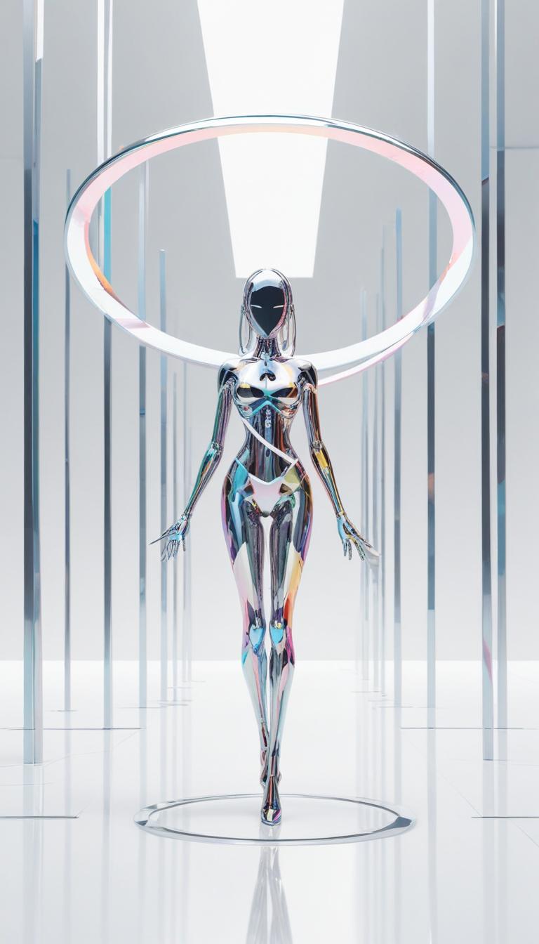 Silver robot walking through white columns Silver robot walking through white columns