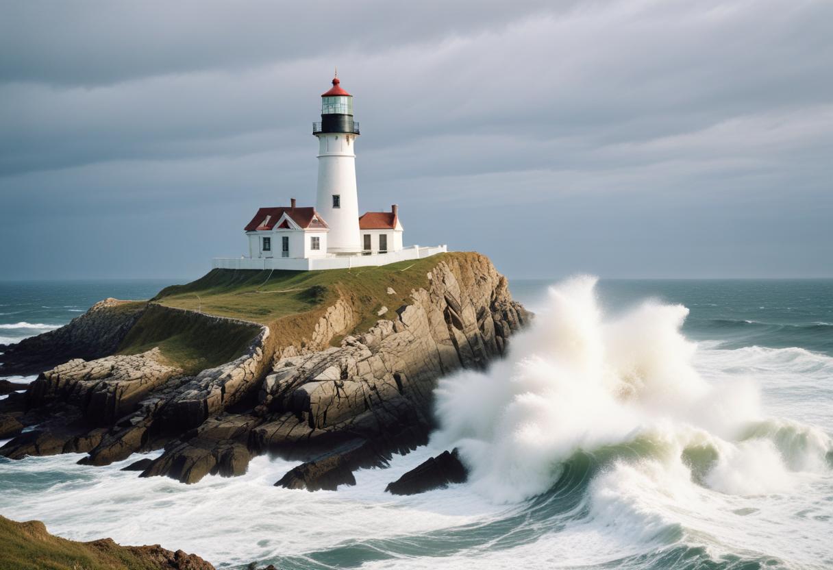 Lighthouse on rocky coast with waves Lighthouse on rocky coast with waves