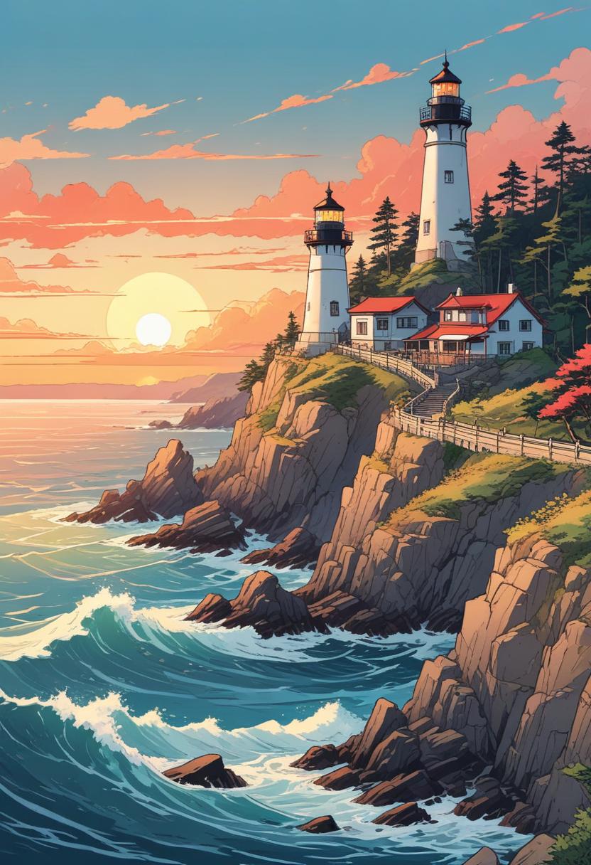 Coastal sunset with twin lighthouses Coastal sunset with twin lighthouses