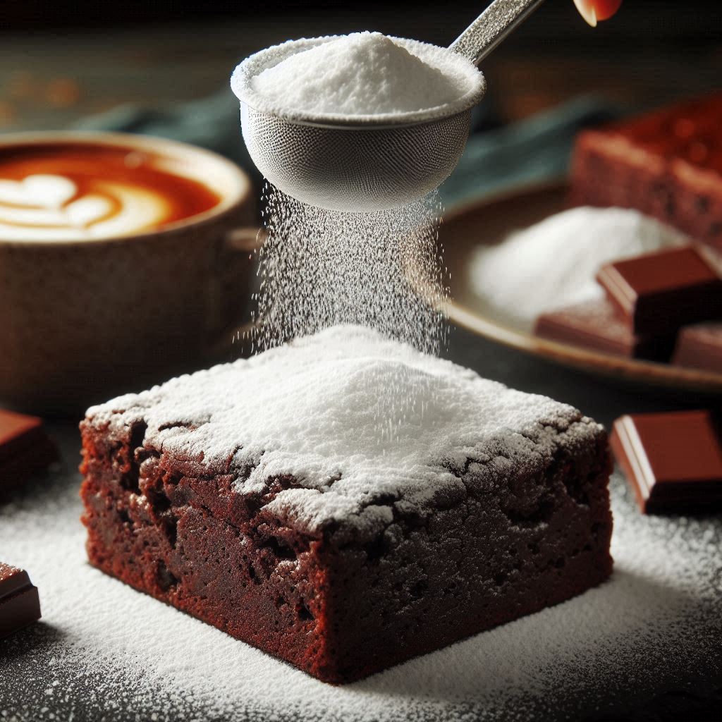 Powdered sugar on chocolate brownie Powdered sugar on chocolate brownie