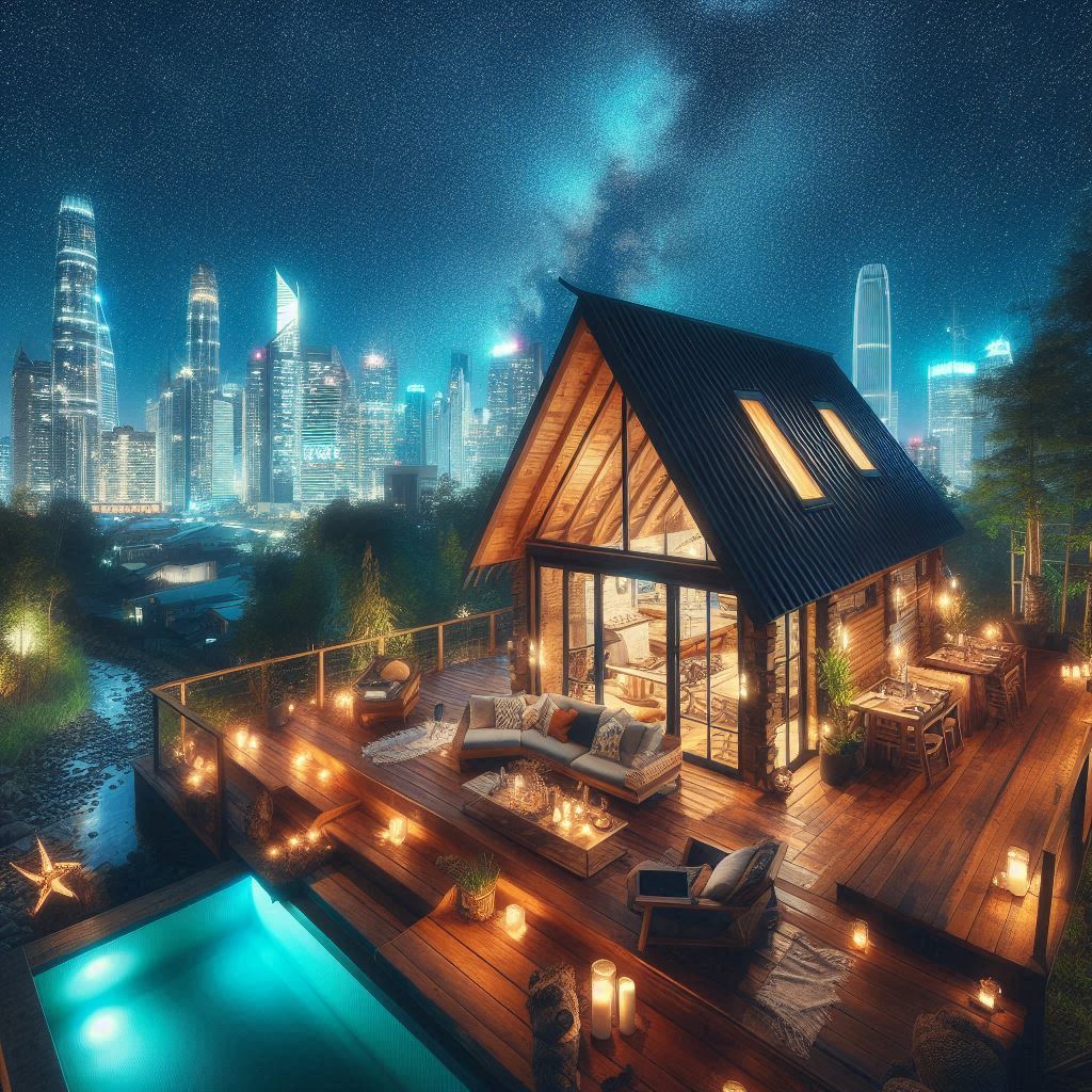Cabin with pool and city skyline at night Cabin with pool and city skyline at night