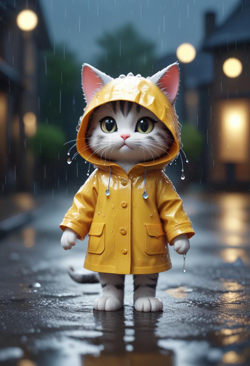 Cat in yellow raincoat on rainy night Cat in yellow raincoat on rainy night