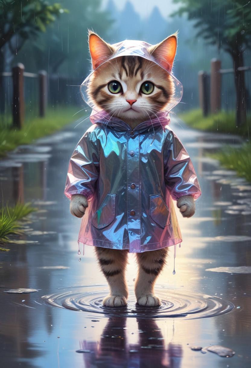 Cat in raincoat stands in puddle Cat in raincoat stands in puddle