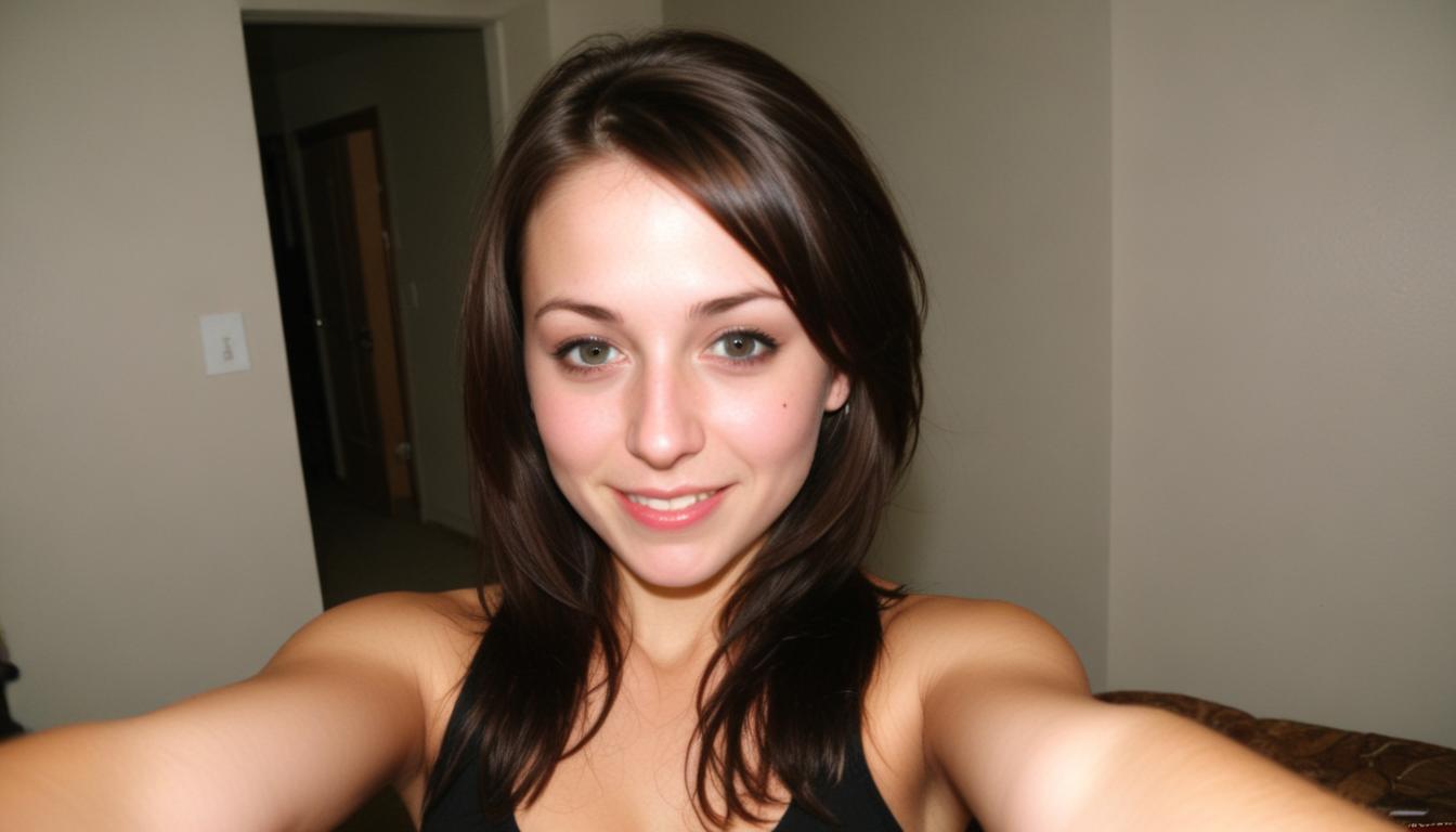 Woman smiles for selfie in bedroom Woman smiles for selfie in bedroom