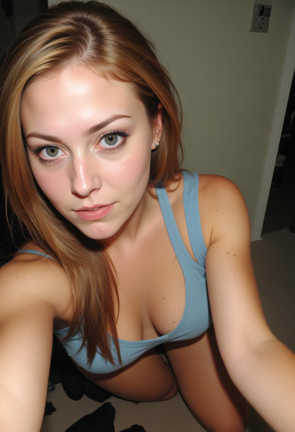Woman in blue tank top taking a selfie Woman in blue tank top taking a selfie