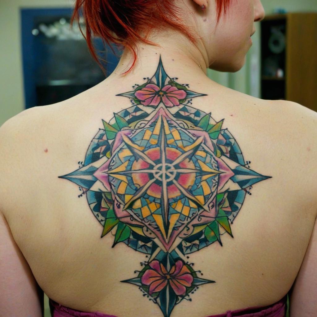 Colorful compass tattoo on woman's back Colorful compass tattoo on woman's back