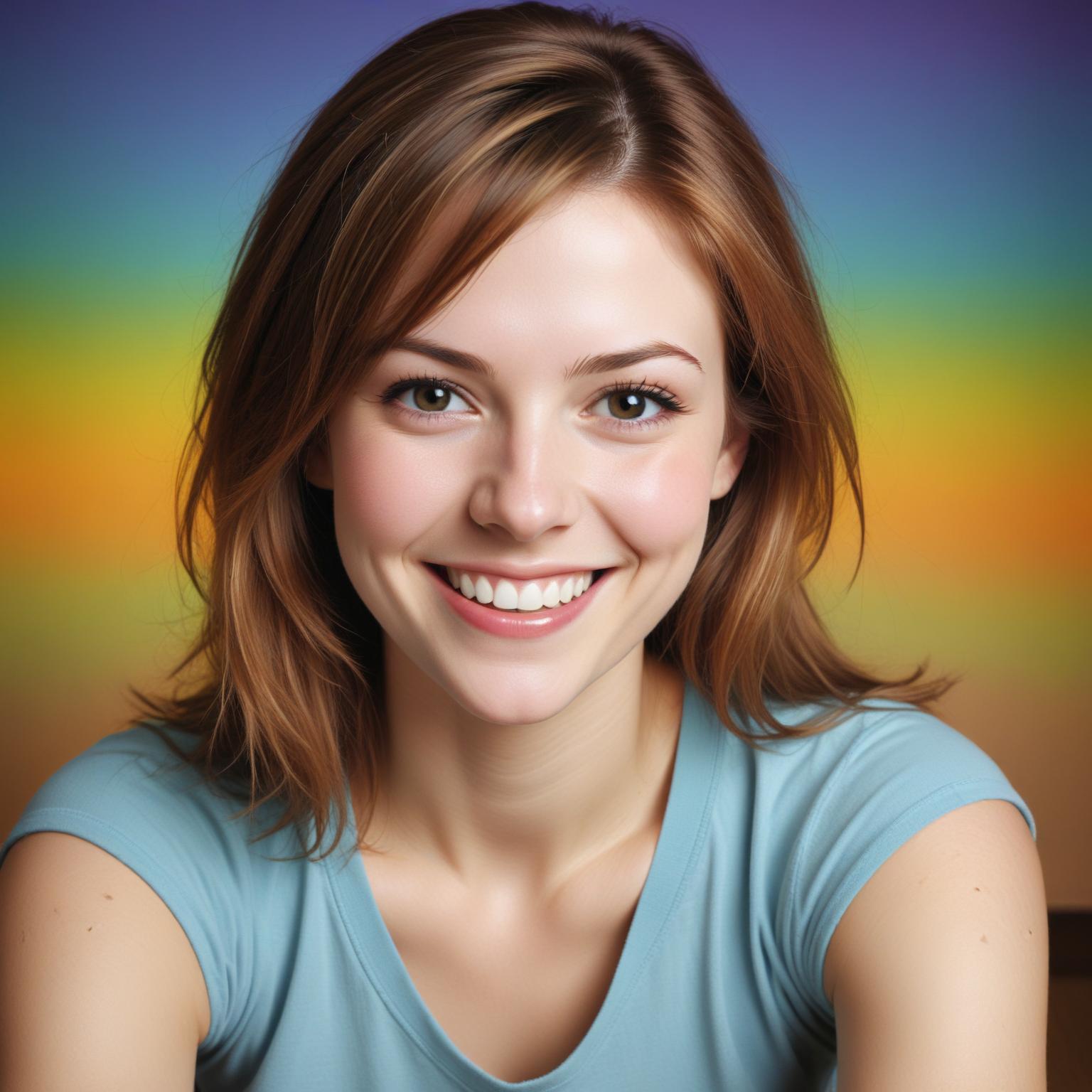 Woman smiling in blue shirt against rainbow background Woman smiling in blue shirt against rainbow background
