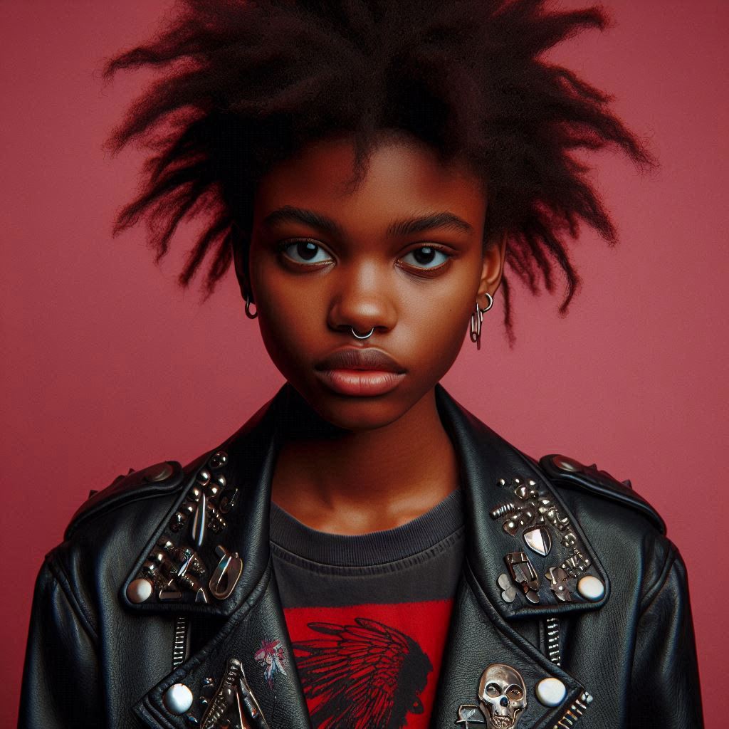 Woman in leather jacket against red background Woman in leather jacket against red background
