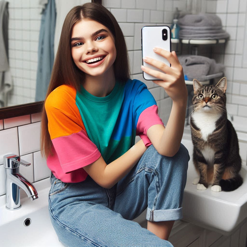 Woman taking selfie in bathroom with cat Woman taking selfie in bathroom with cat