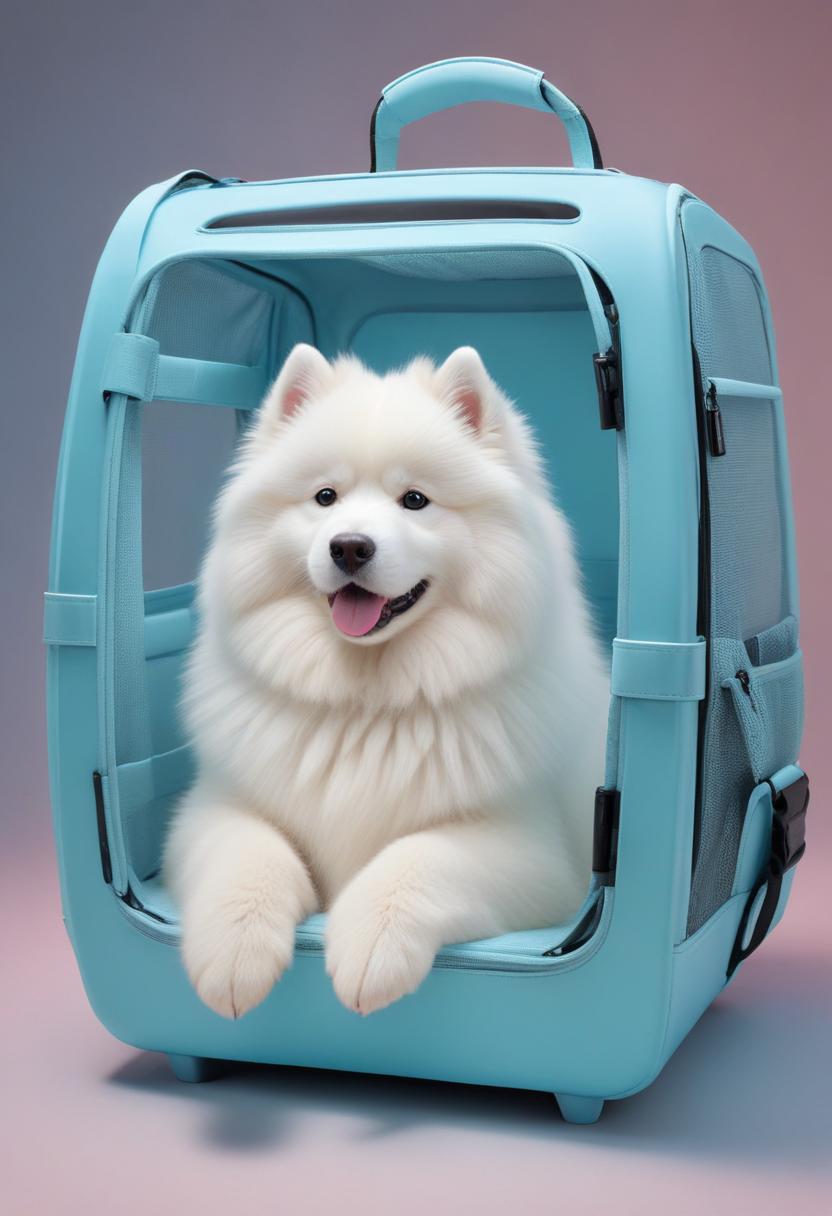 White dog in blue travel carrier White dog in blue travel carrier