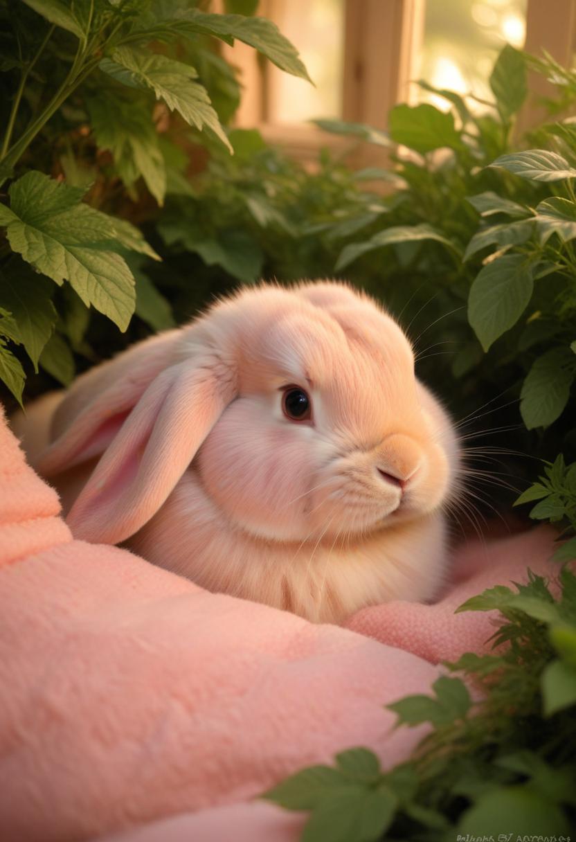 Pink rabbit resting in green foliage Pink rabbit resting in green foliage