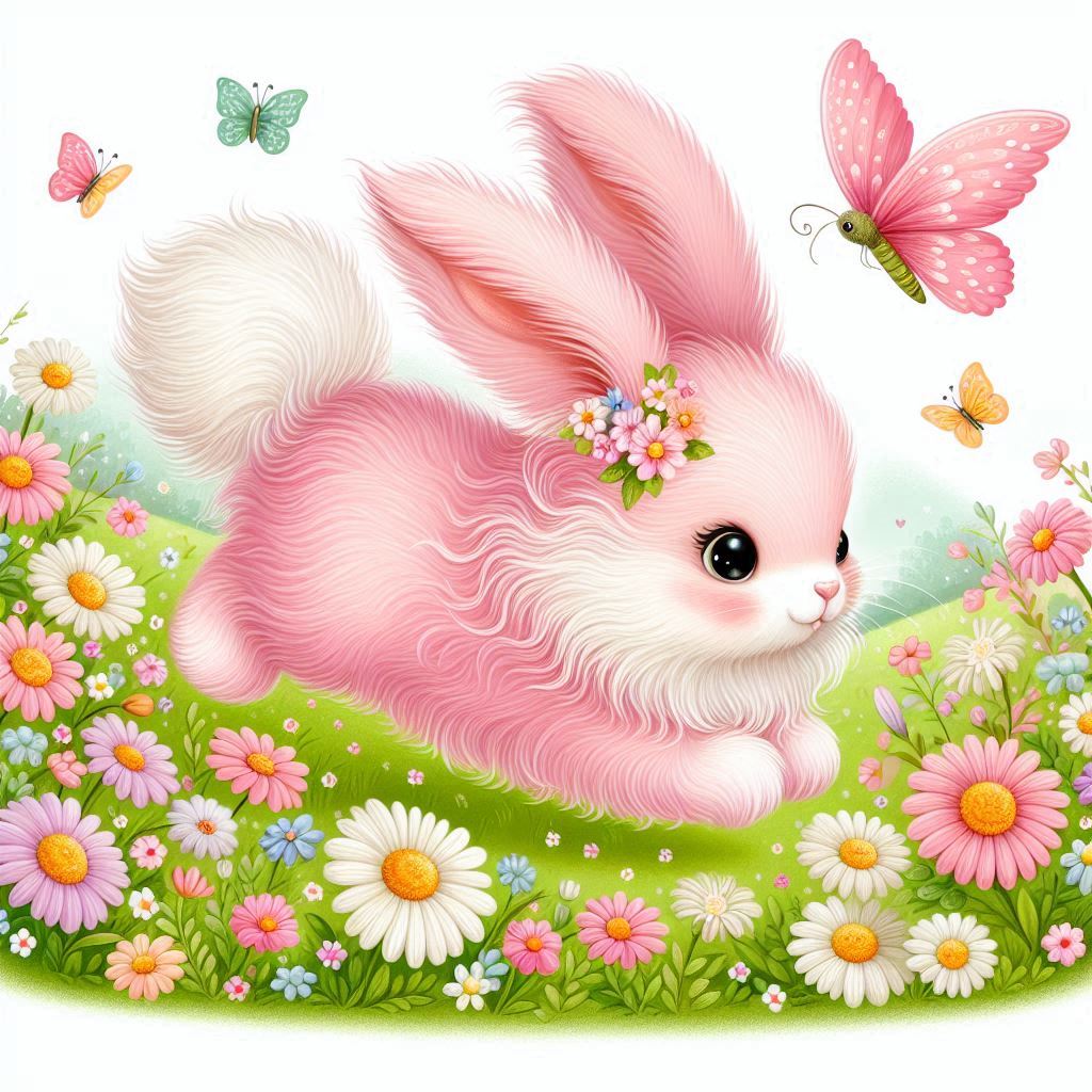 Pink bunny hopping through flowers Pink bunny hopping through flowers