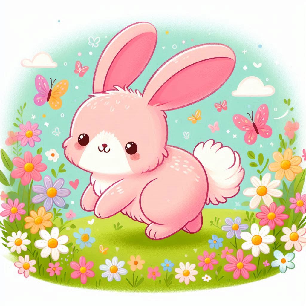 Pink bunny in a field of flowers Pink bunny in a field of flowers