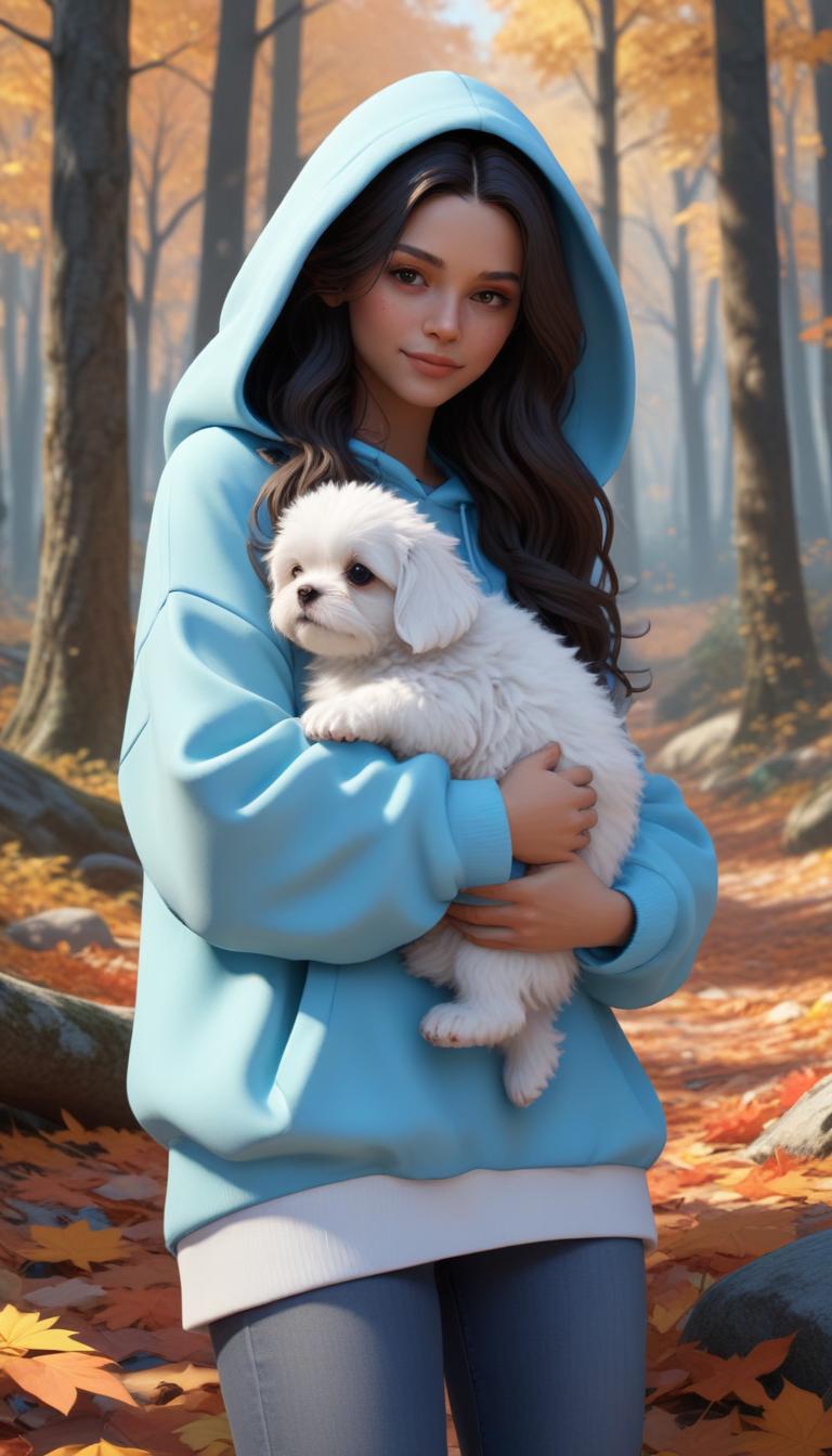 Woman holding puppy in autumn forest Woman holding puppy in autumn forest