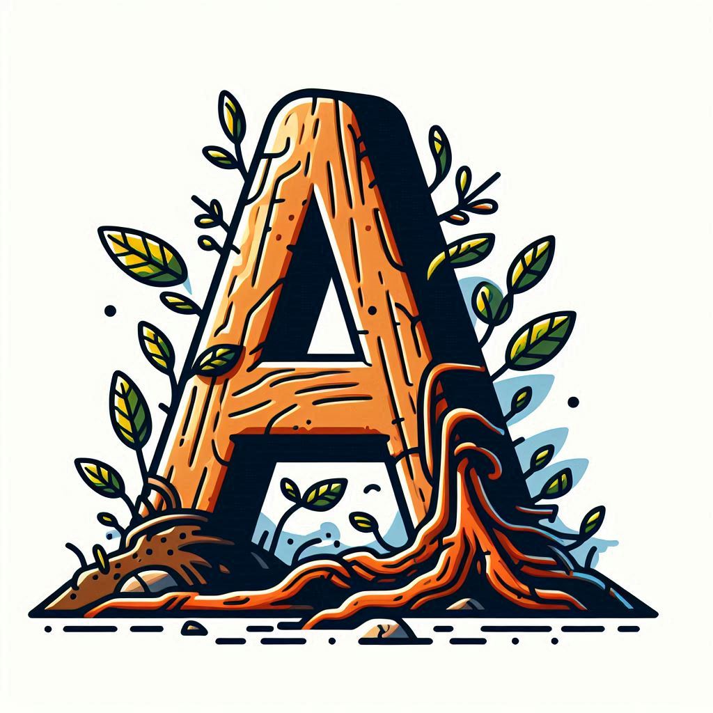 Wooden letter a with roots and plants Wooden letter a with roots and plants