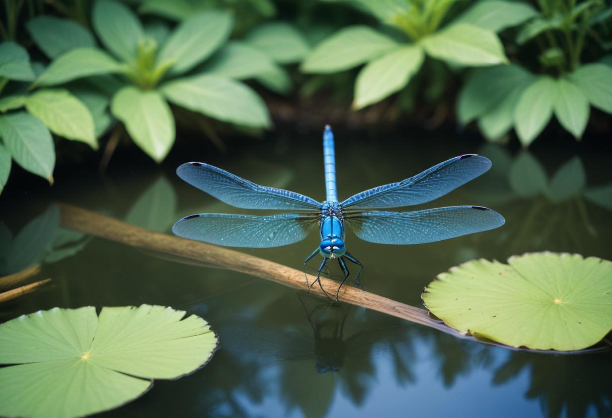 Blue Dragonfly on Branch in Pond Blue Dragonfly on Branch in Pond