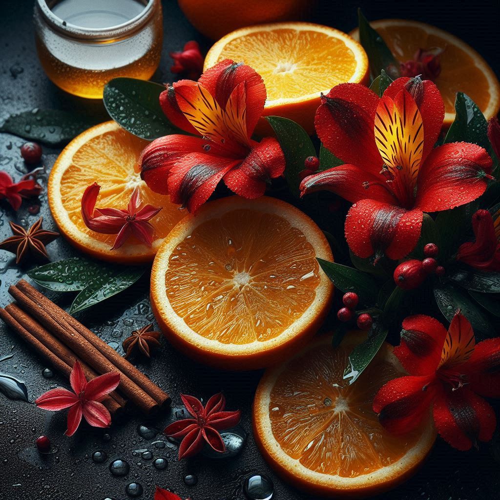 Orange slices and red flowers on black background Orange slices and red flowers on black background