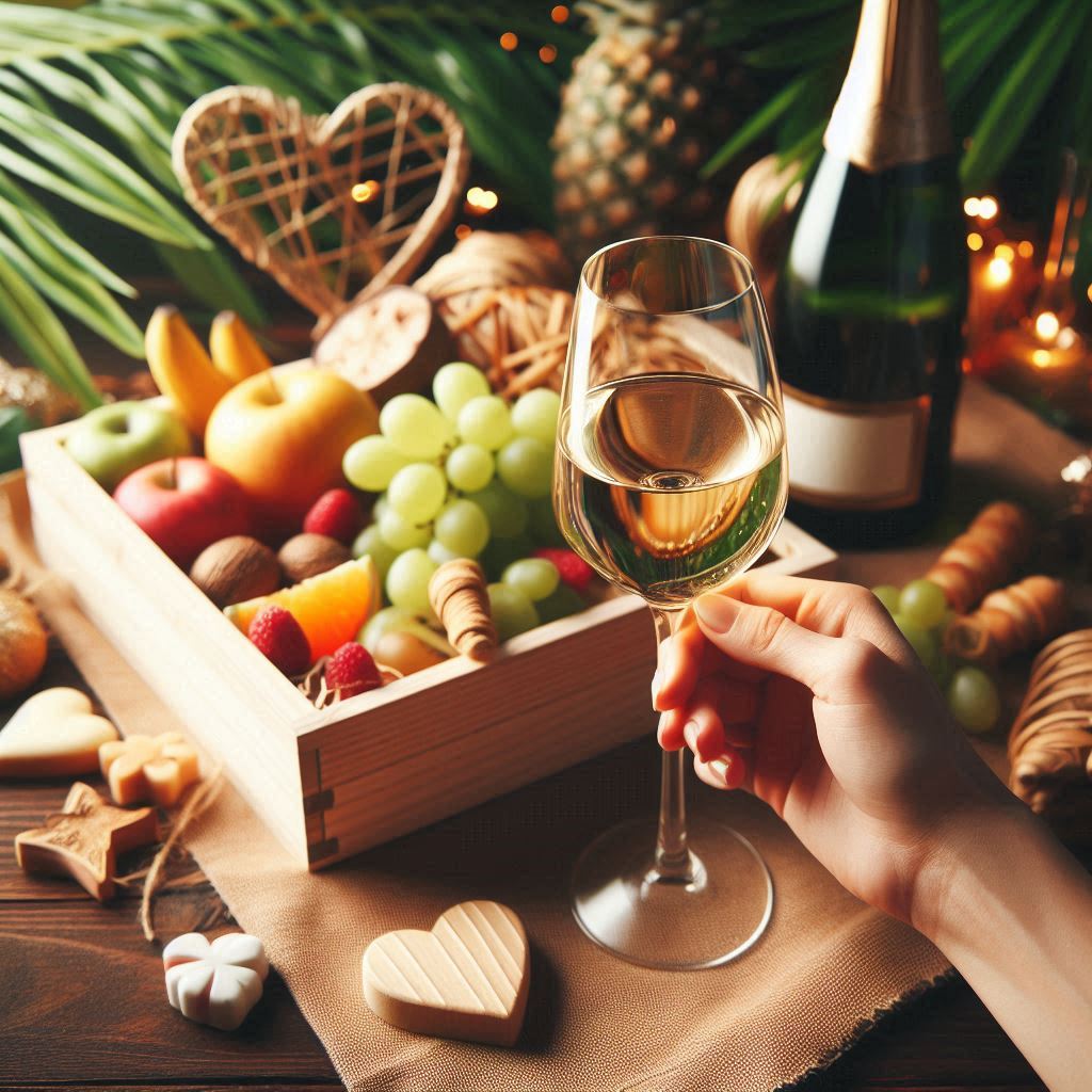 Hand holding wine glass with fruit basket Hand holding wine glass with fruit basket