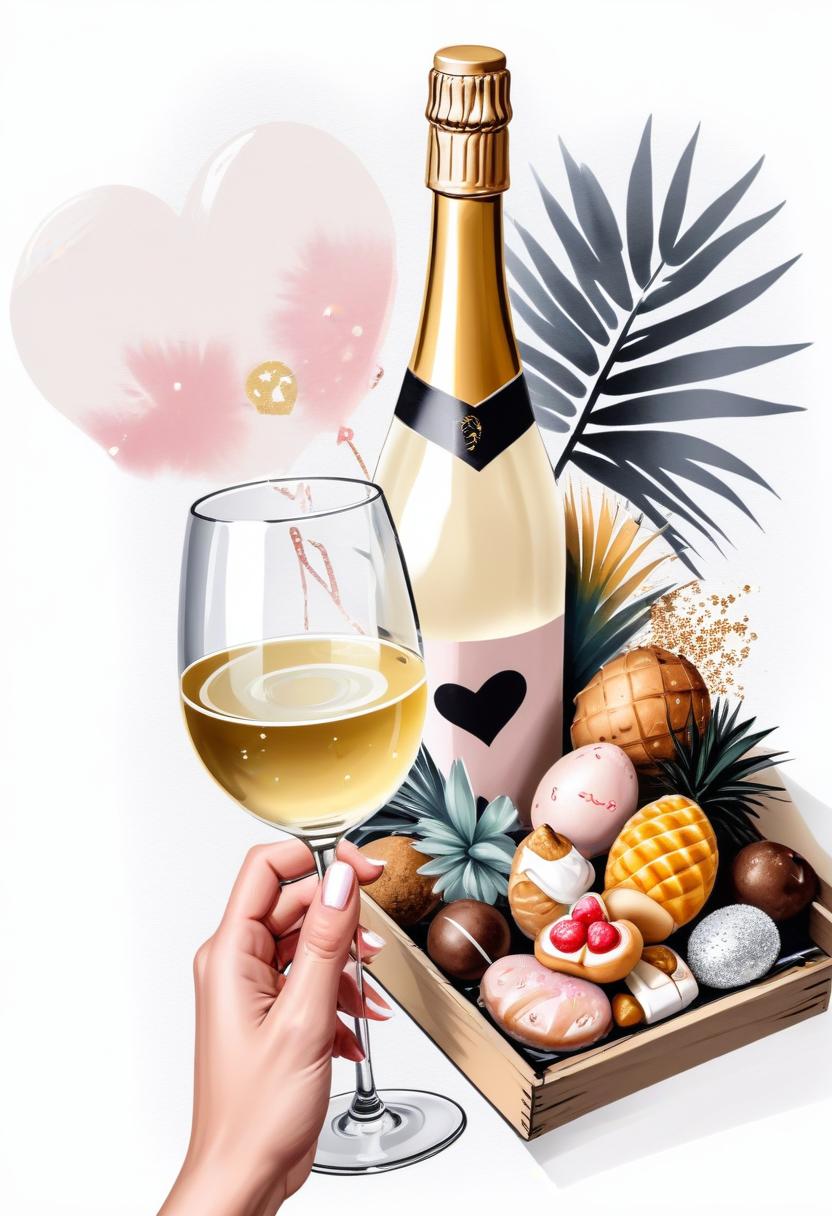 Hand holding wine glass with champagne and pastries Hand holding wine glass with champagne and pastries