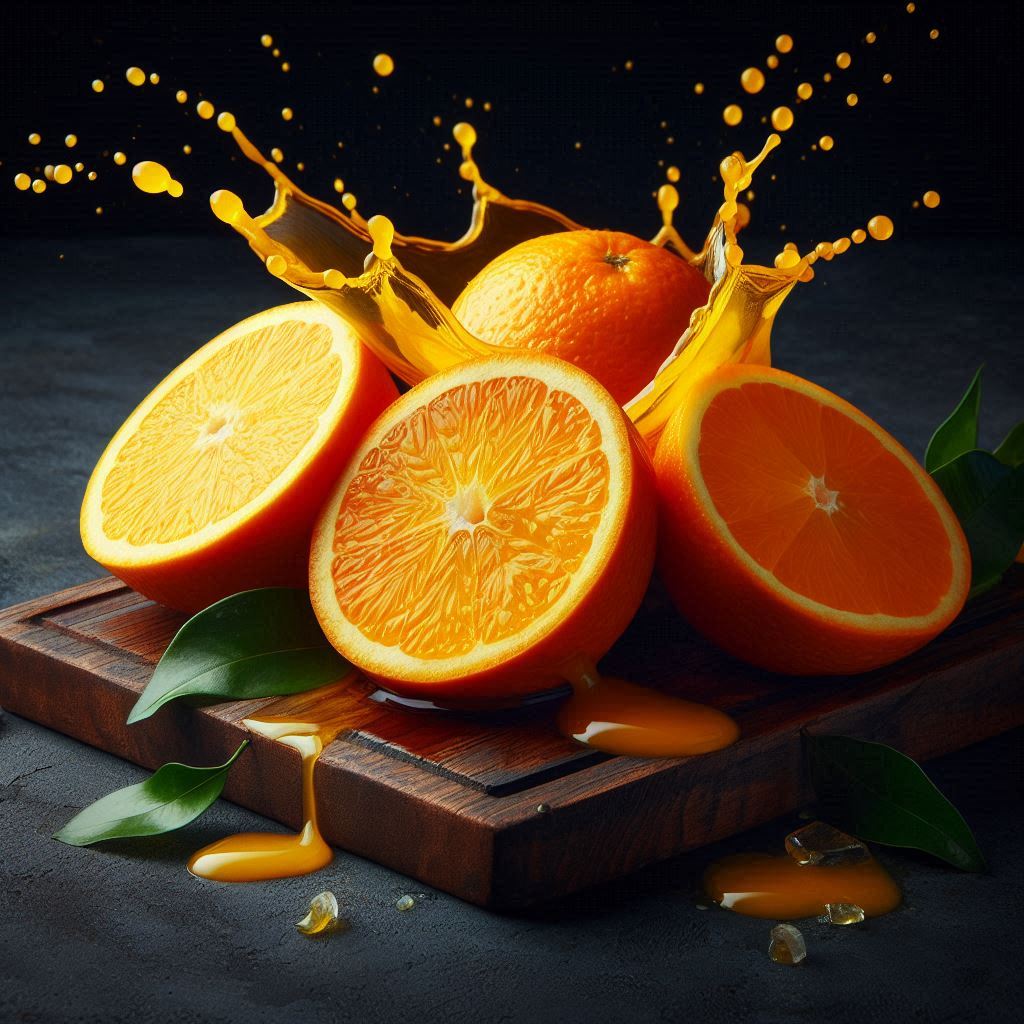 Orange juice splash on cutting board Orange juice splash on cutting board