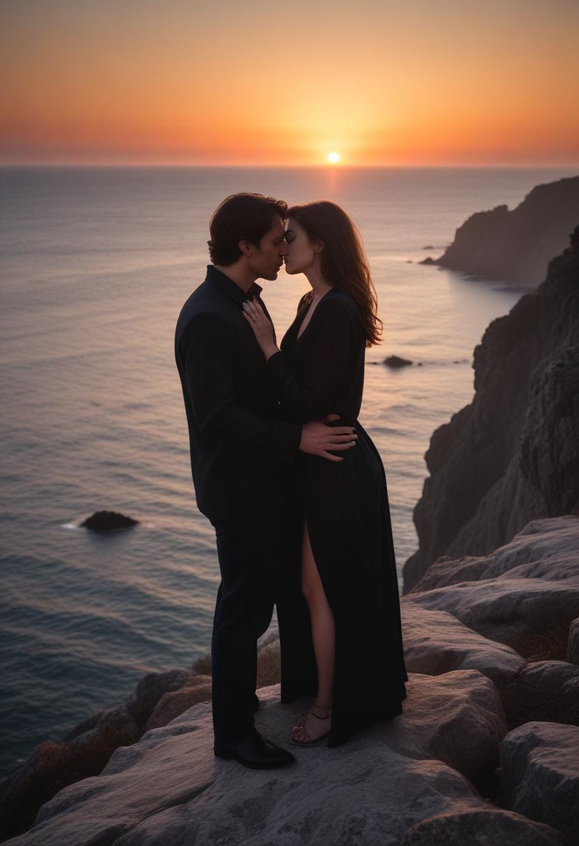 Couple kisses at sunset on cliffside Couple kisses at sunset on cliffside