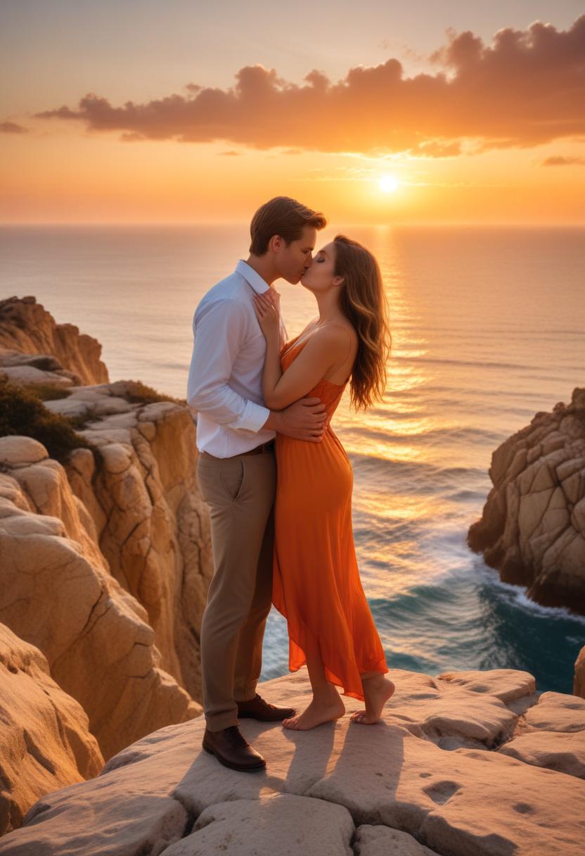 Couple kissing at sunset on ocean cliffs Couple kissing at sunset on ocean cliffs