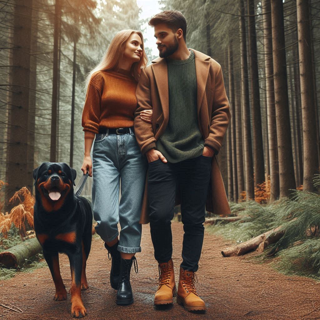 Couple walking dog in forest Couple walking dog in forest