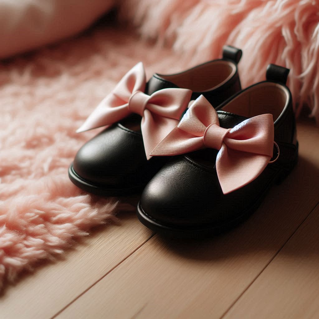 Black leather shoes with pink bows Black leather shoes with pink bows