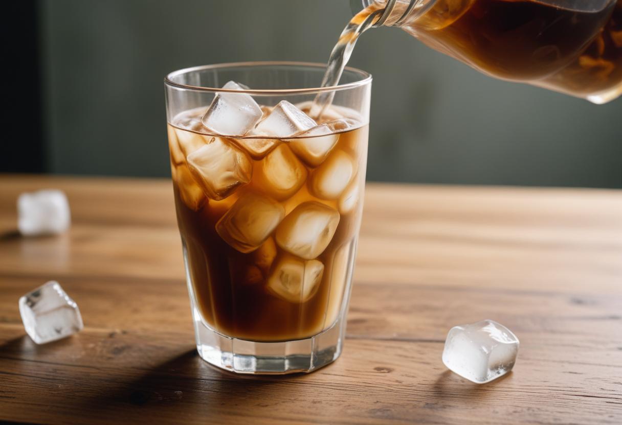 Iced coffee being poured on wooden table Iced coffee being poured on wooden table