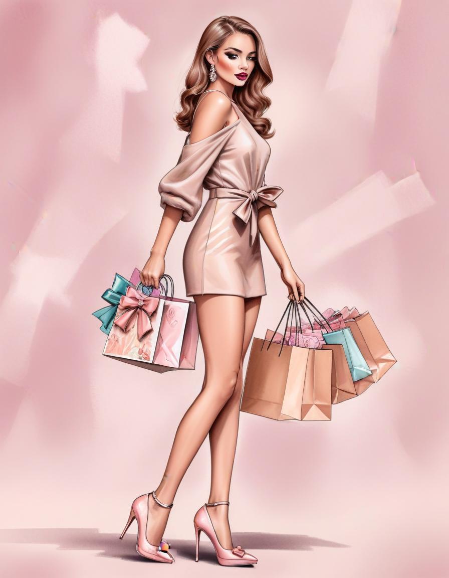 Woman shopping with bags in pink dress Woman shopping with bags in pink dress