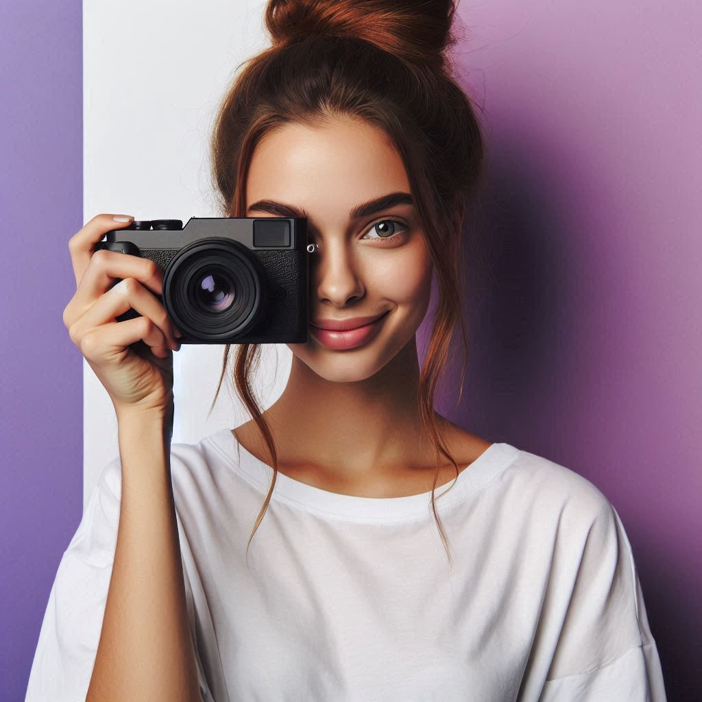 Woman holding camera against purple background Woman holding camera against purple background