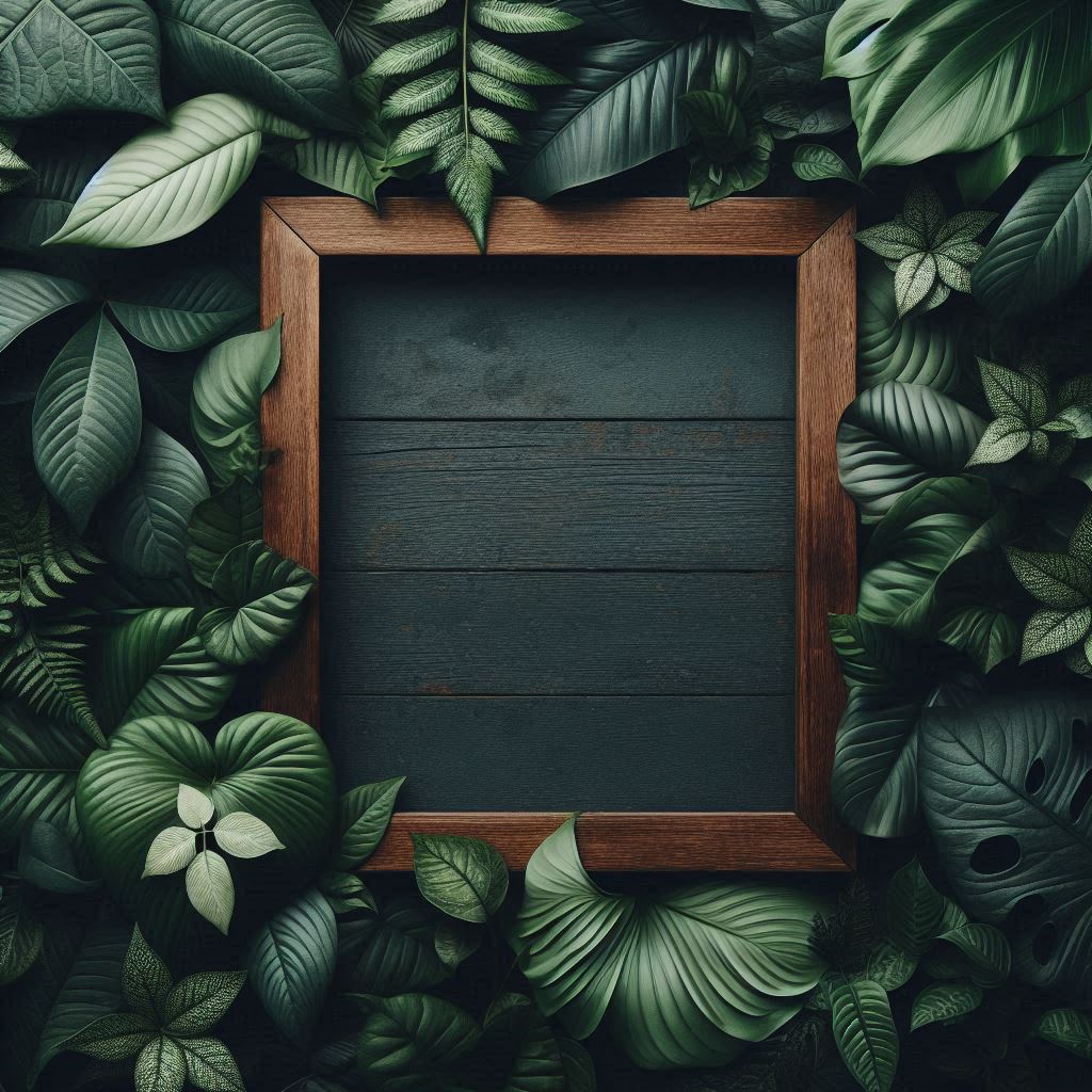 Wooden frame surrounded by green leaves Wooden frame surrounded by green leaves