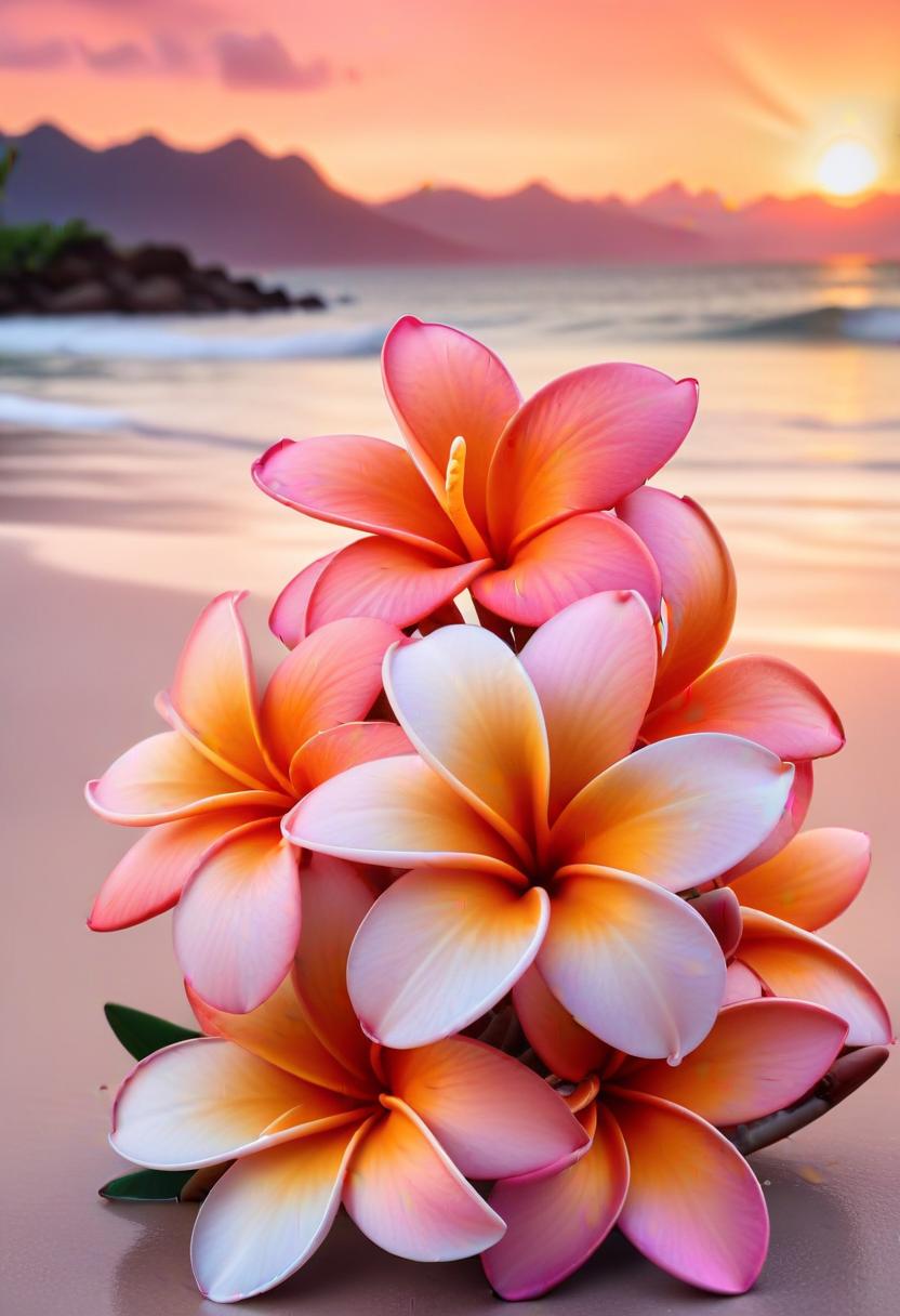 Plumeria flowers on beach at sunset Plumeria flowers on beach at sunset