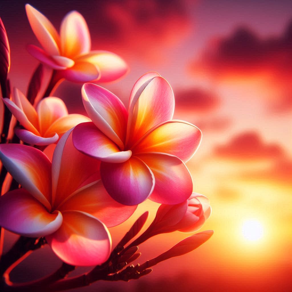 Pink plumeria flowers at sunset Pink plumeria flowers at sunset