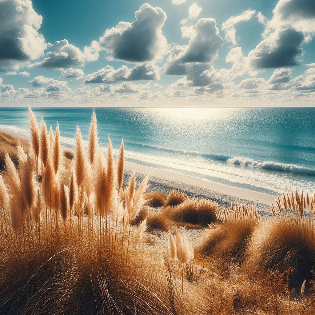 Coastal grasslands under sunny skies Coastal grasslands under sunny skies