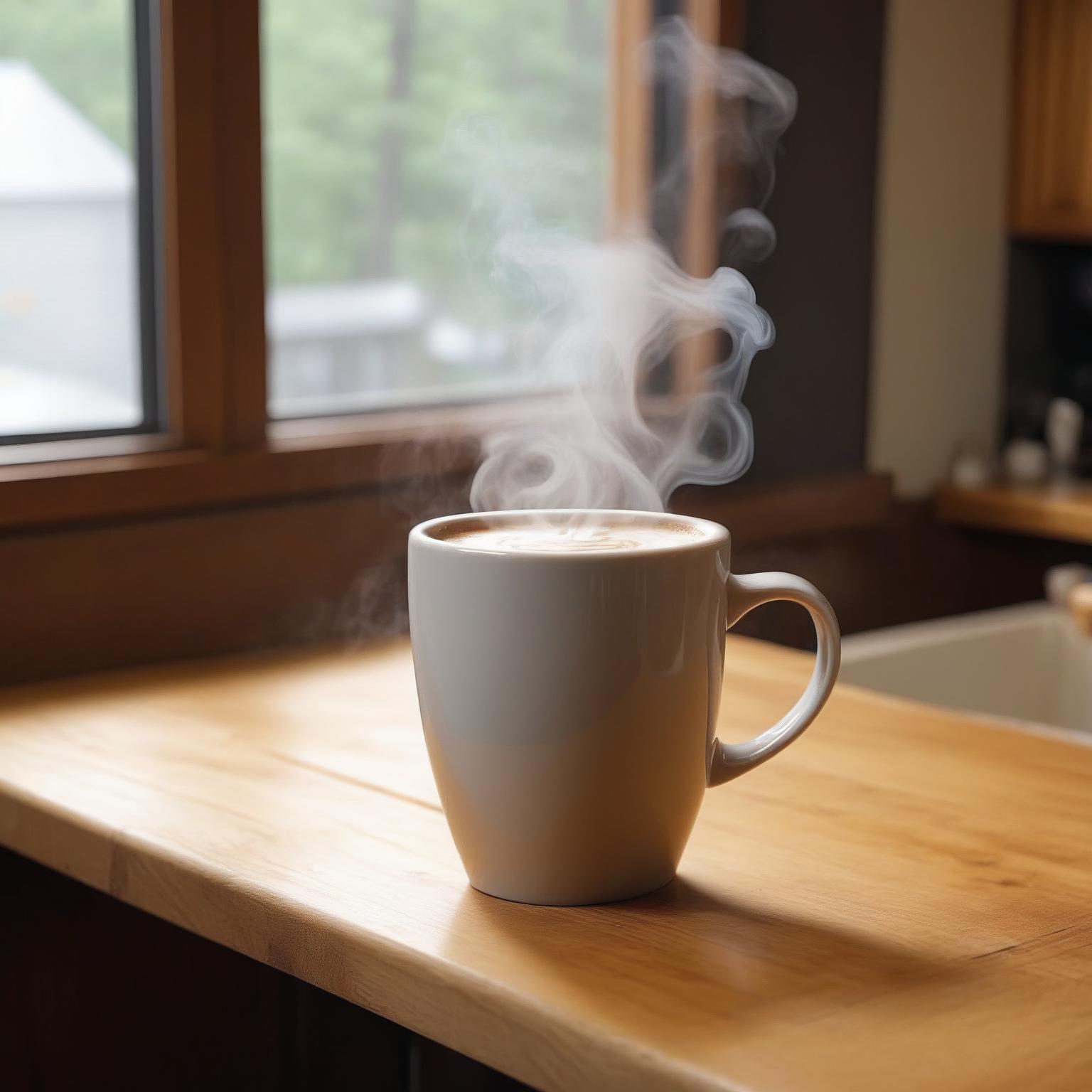 Steaming coffee on kitchen countertop Steaming coffee on kitchen countertop