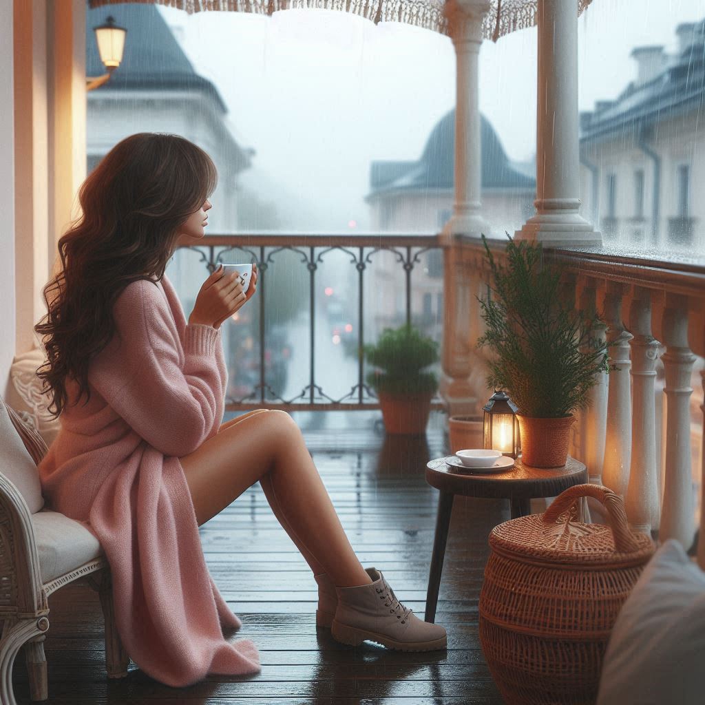 Woman drinking coffee on rainy balcony Woman drinking coffee on rainy balcony