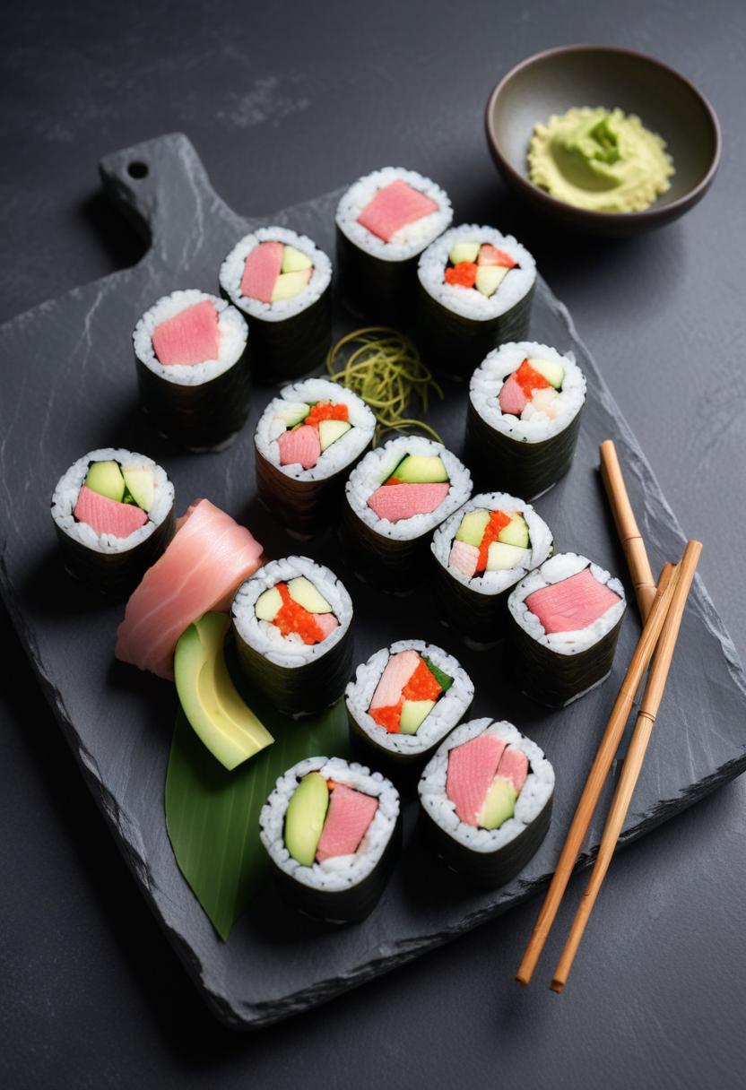 Sushi rolls on slate plate Sushi rolls on slate plate